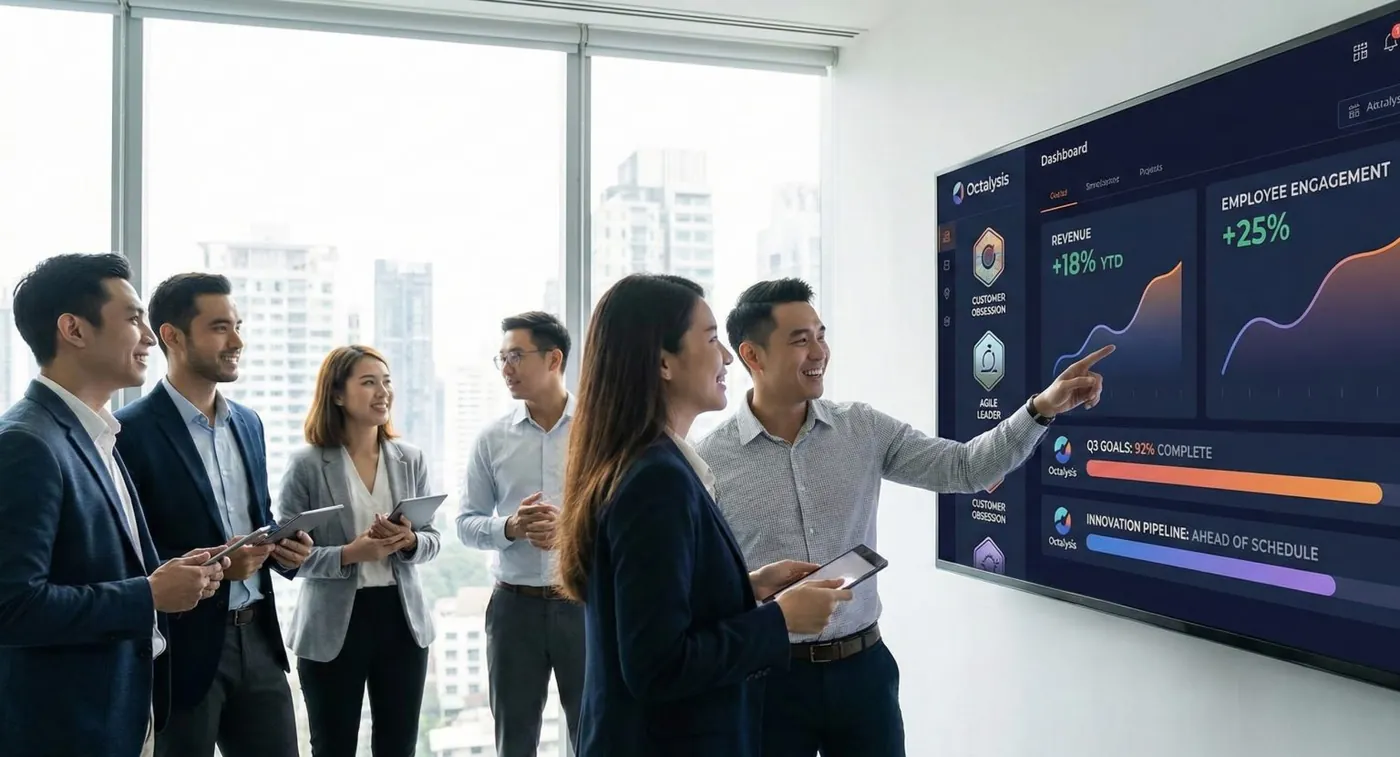 Product and innovation leaders reviewing rising KPIs on a gamified dashboard after implementing the Octalysis Framework.