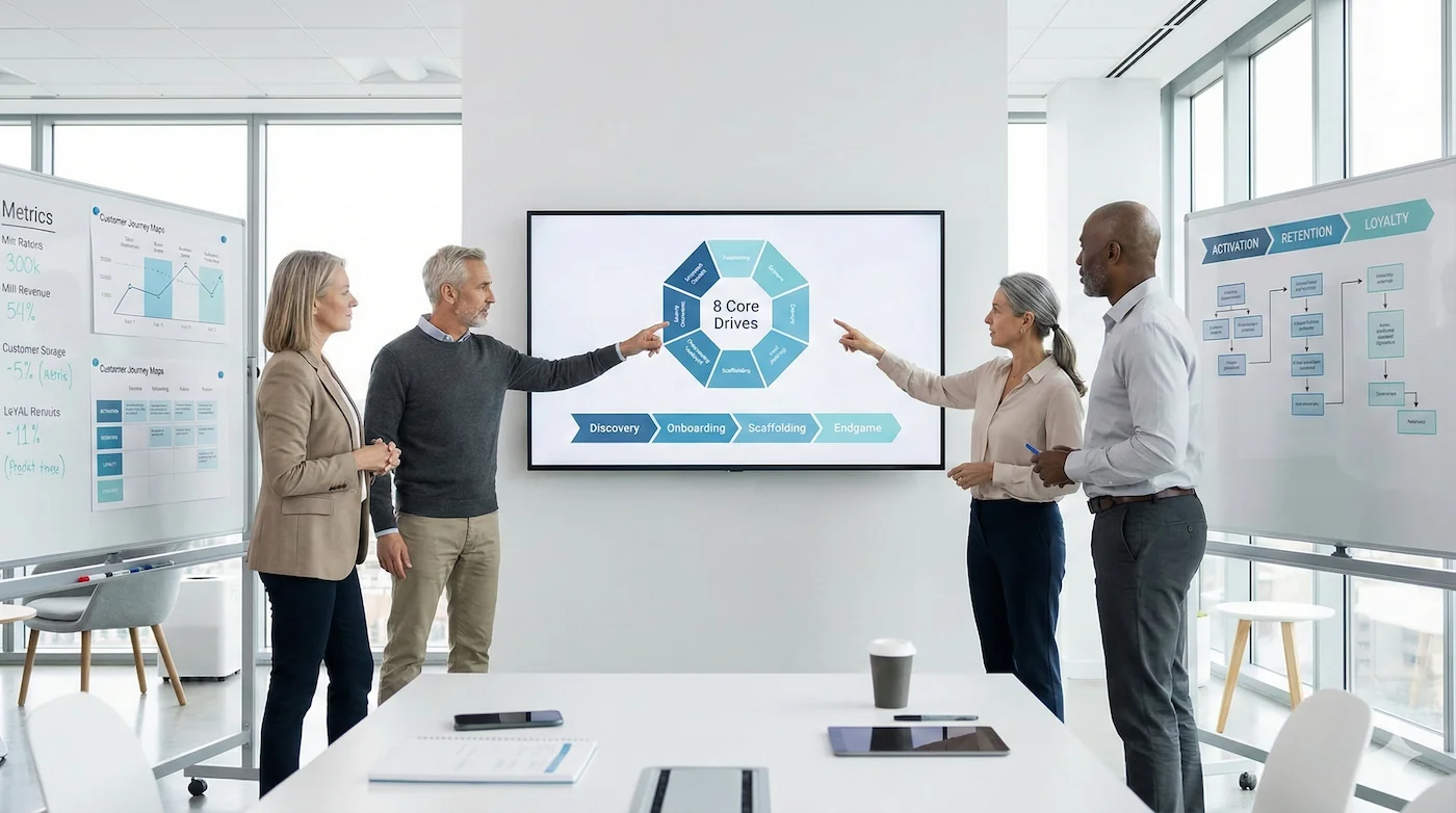 Product team reviewing the Octalysis Framework’s 8 Core Drives and user journey phases on a large screen during a product strategy workshop.