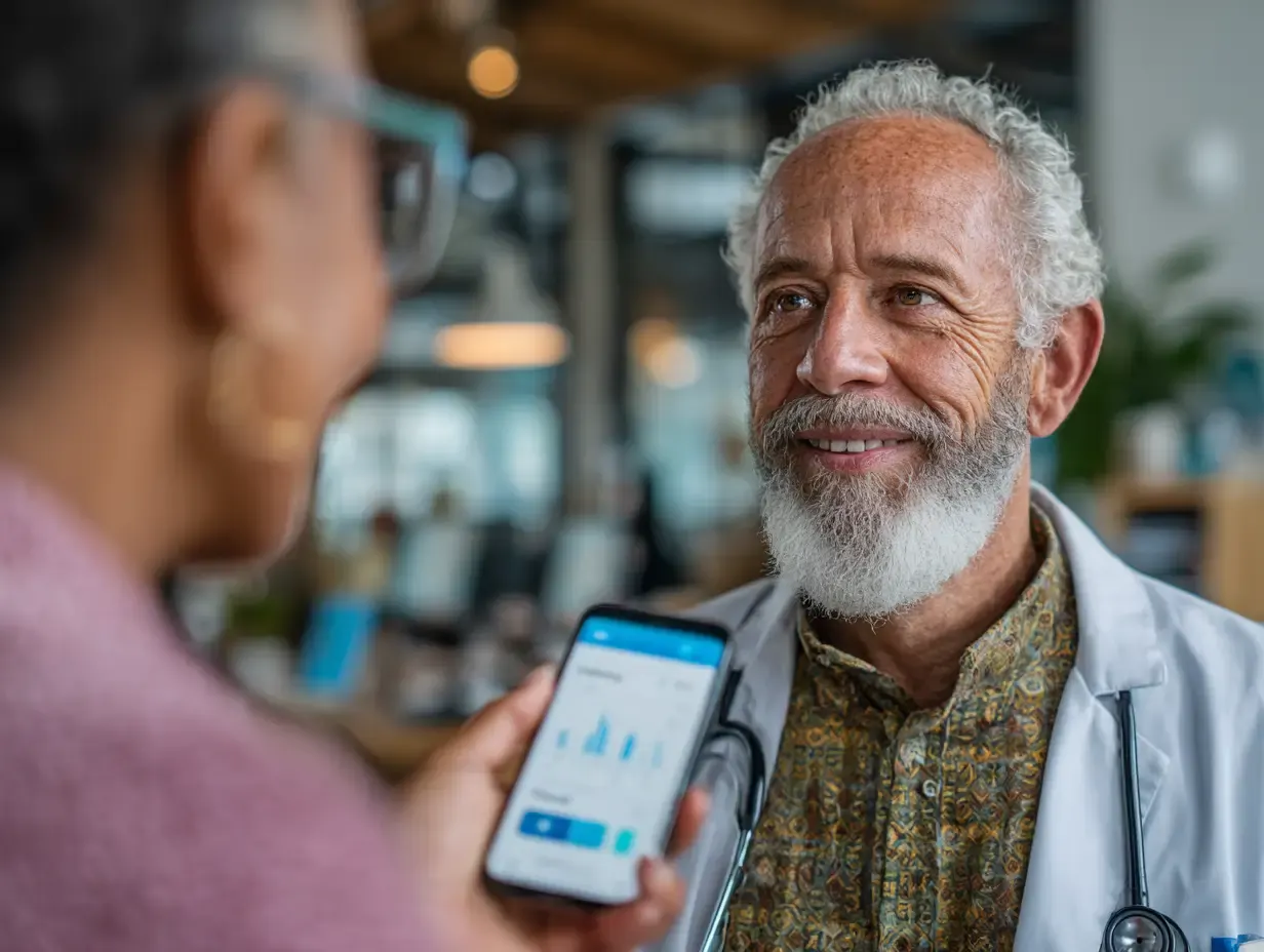 A doctor showing a patient progress in a health app