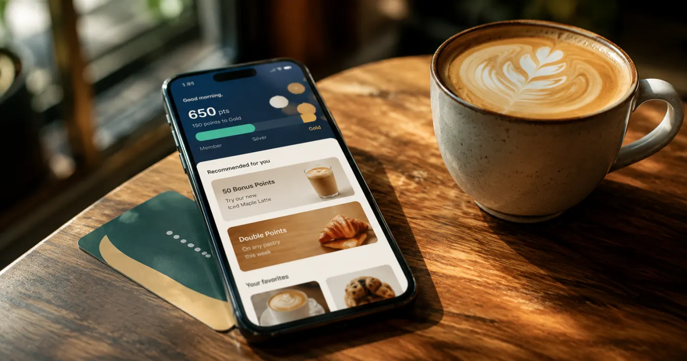 A loyalty app showing points and member tiers on a phone beside a latte