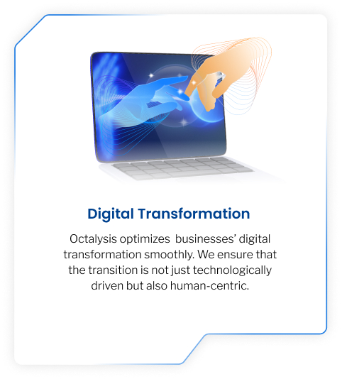 Graphic of laptop with text below reading "Digital Transformation".  | The Octalysis Group