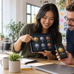 Three colleagues share digital achievement badges with one-, two-, and three-star levels on a tablet and phone.