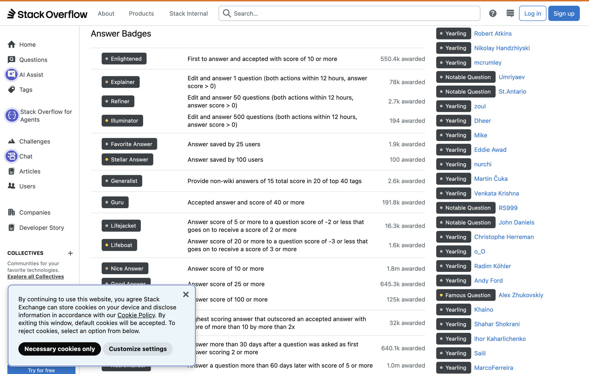 Stack Overflow Great Answer badge requirements: answer score of 100 or more; the badge can be awarded multiple times.