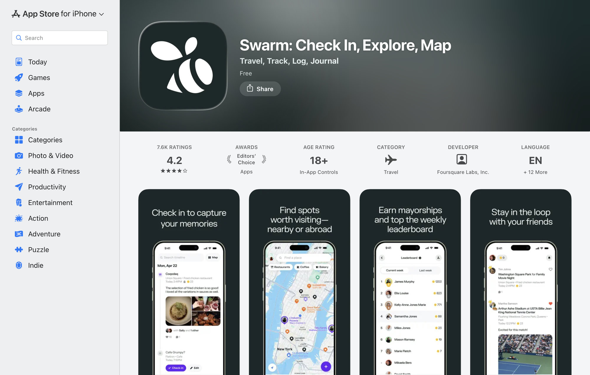 Current Swarm App Store promotional image featuring mayorships and a weekly leaderboard.