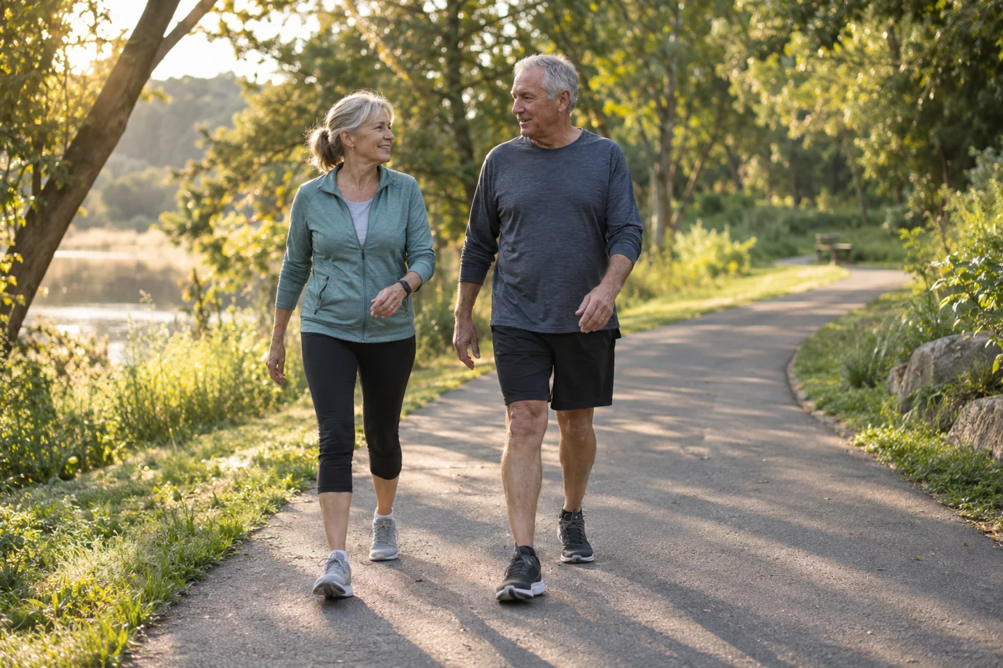 Two older adults walking together along a sunlit park path.