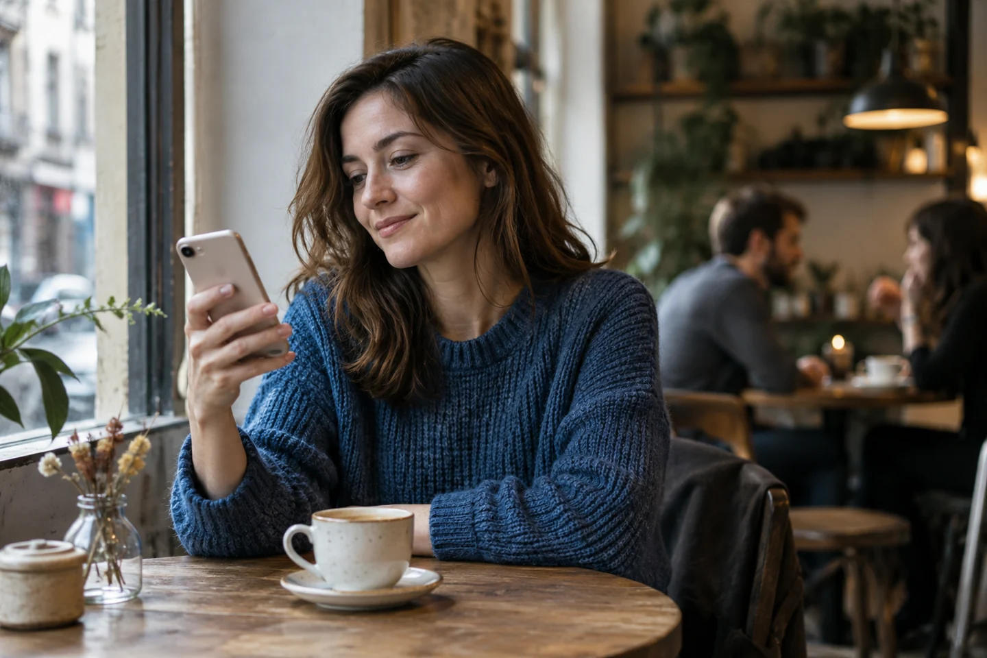 Woman looking at her phone in a cafe while a couple talks nearby.