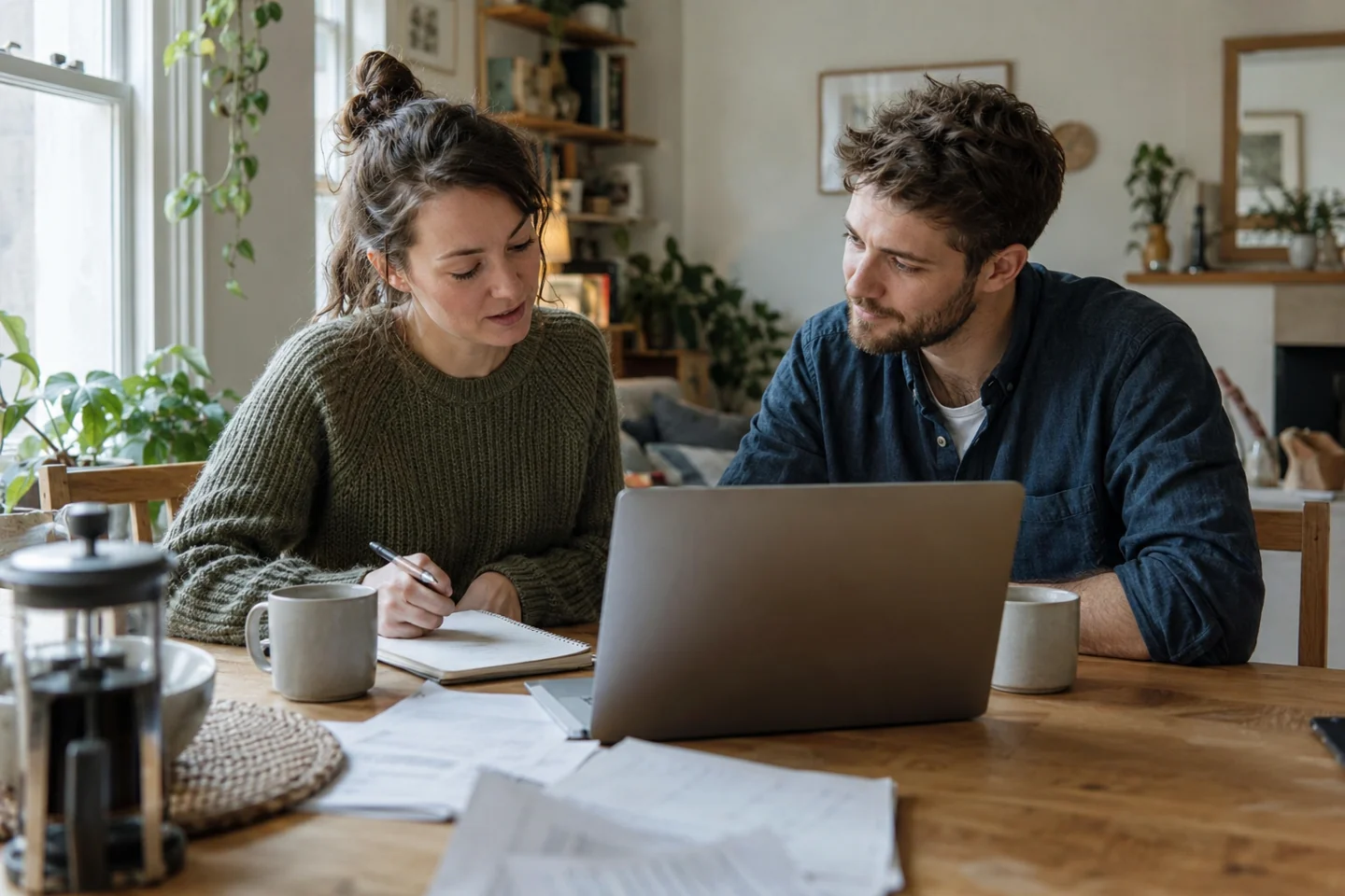 Two young adults discussing paperwork and a notebook at their kitchen table.